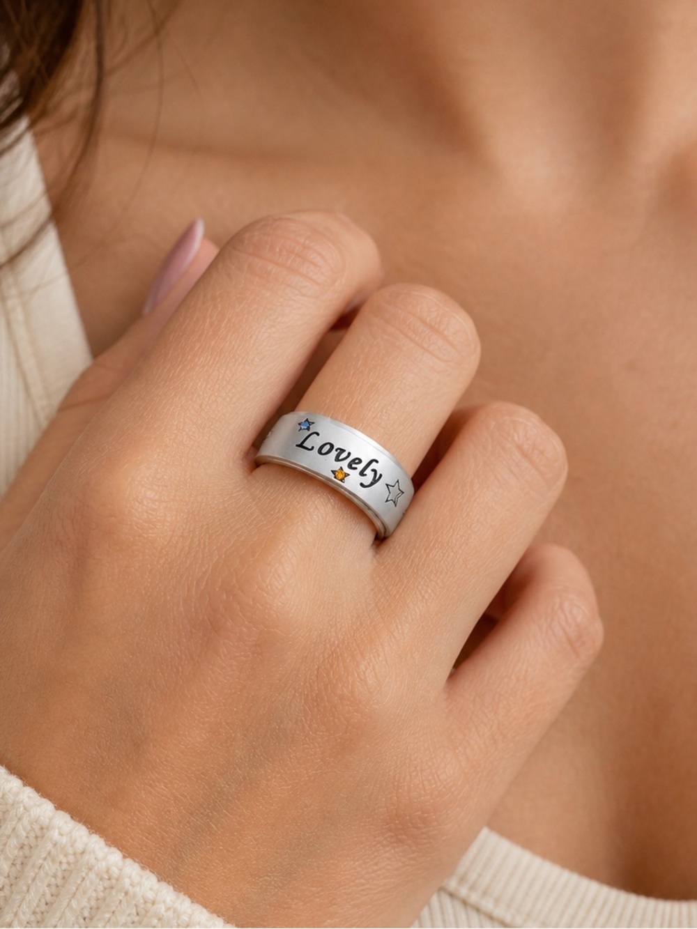 Austrian Crystal “Lovely” Spinner Ring Stainless Steel Yellow Blue Star Engraved
